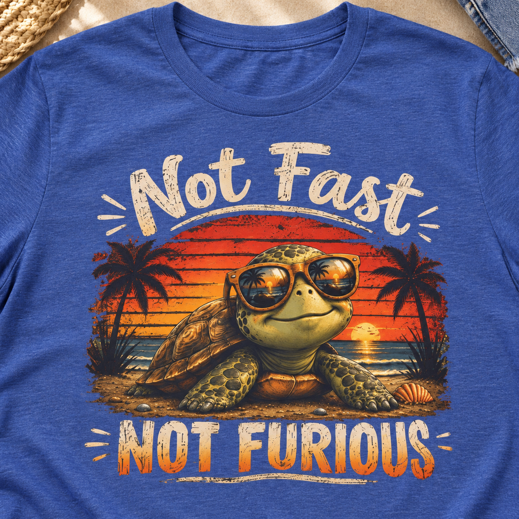 Not Fast Not Furious Turtle Shirt | Funny Beach Graphic Tee — close-up lifestyle flat lay