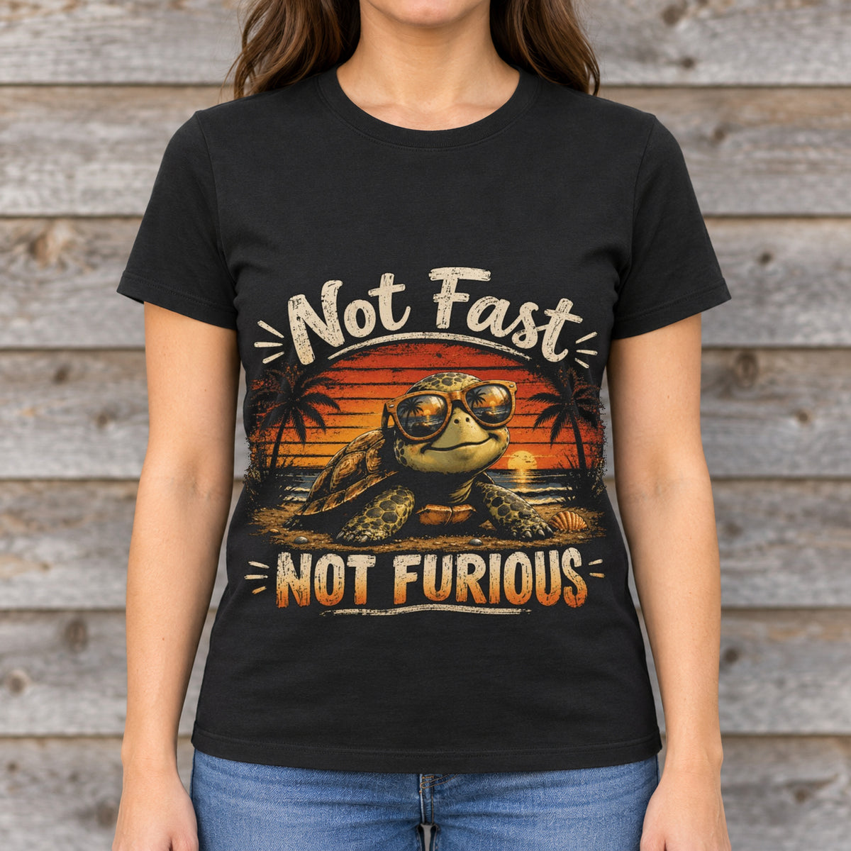 Not Fast Not Furious Turtle Shirt | Funny Beach Graphic Tee — woman wearing shirt with original artwork