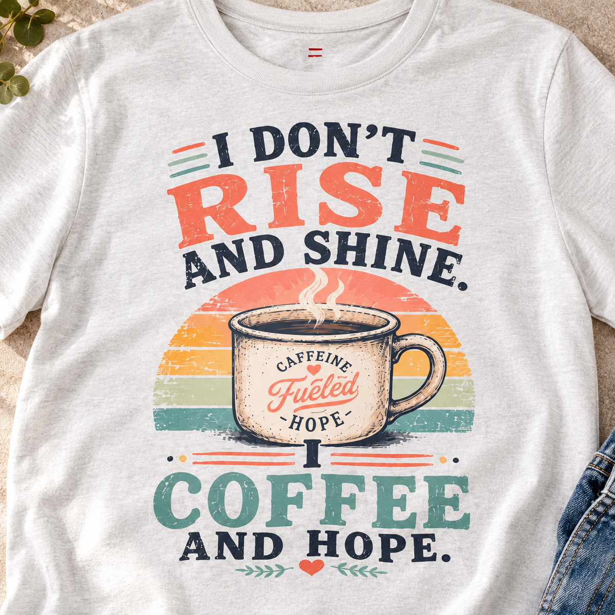 I Don't Rise and Shine Coffee Shirt | Vintage Coffee Tee — close-up lifestyle flat lay