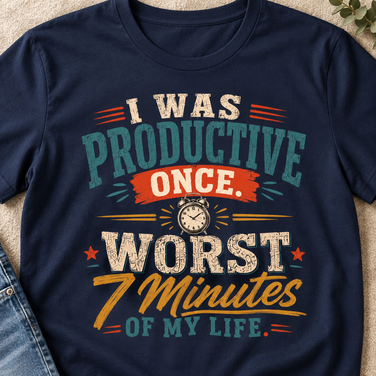 I Was Productive Once Shirt | Funny Graphic Tee — close-up lifestyle flat lay
