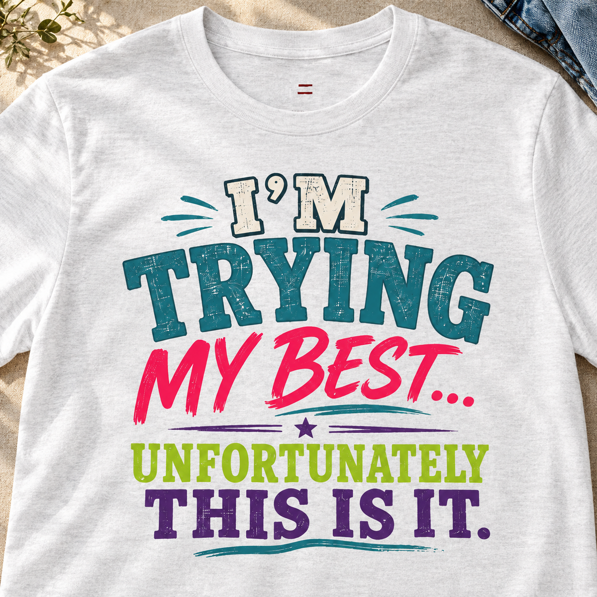 I'm Trying My Best Unfortunately This Is It Shirt — close-up lifestyle flat lay