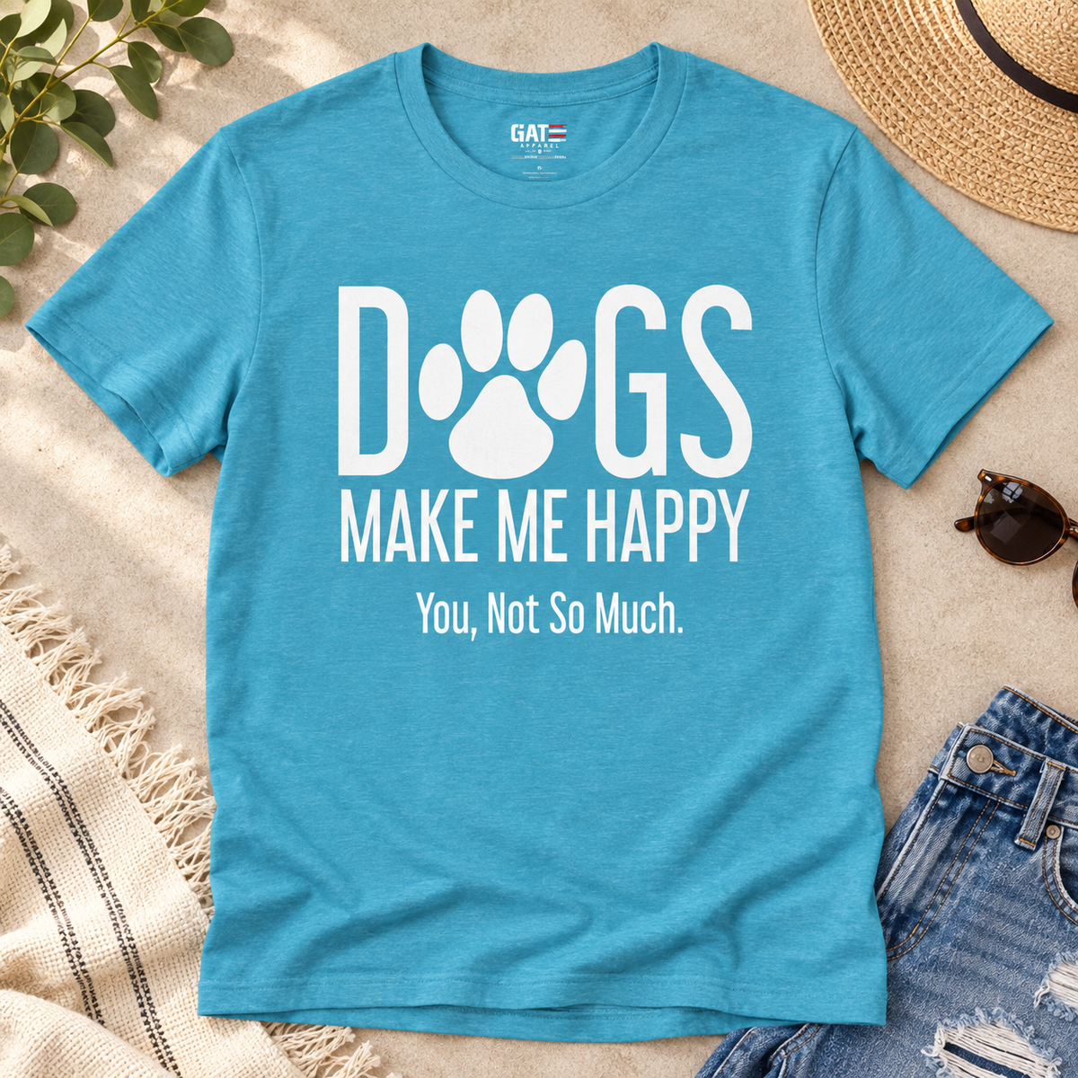 Dogs Make Me Happy You Not So Much Shirt | Dog Lover Tee — close-up lifestyle flat lay