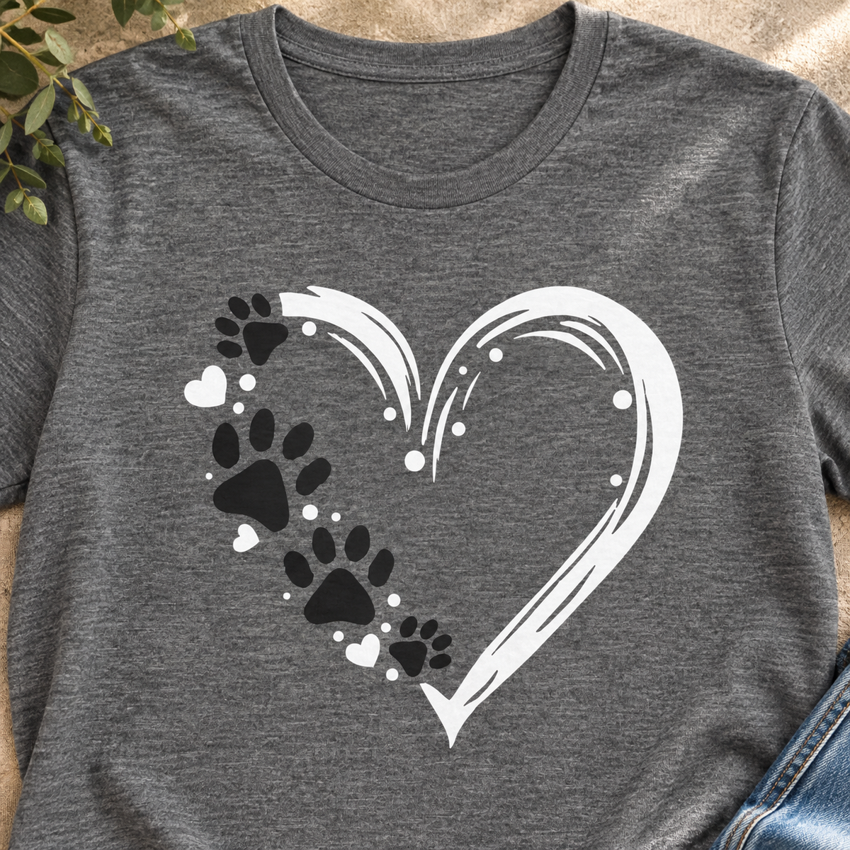 Paw Print Heart Shirt | Dog Lover Graphic Tee — close-up lifestyle flat lay