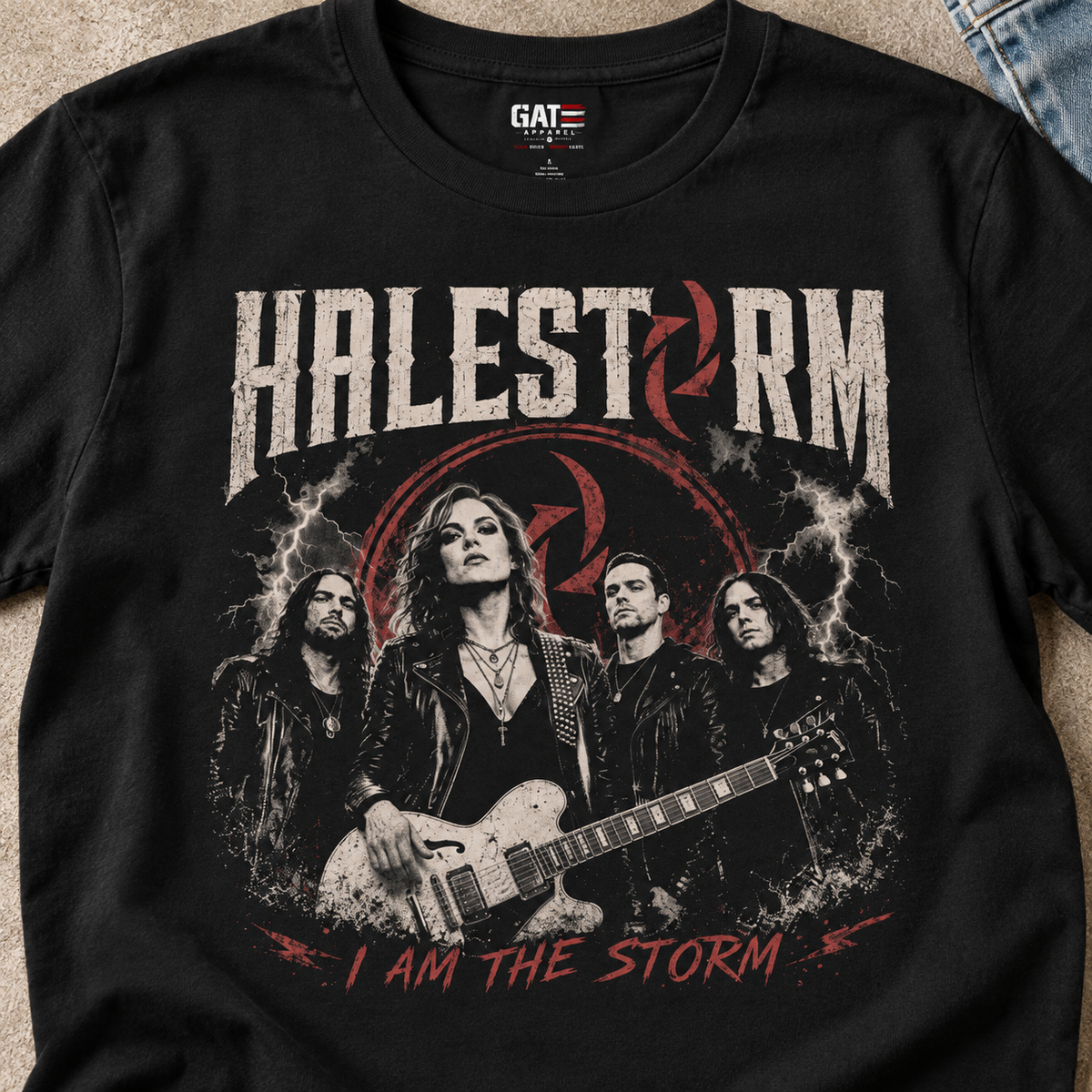 Halestorm I Am the Storm Shirt | Rock Band Concert Tee — close-up lifestyle flat lay