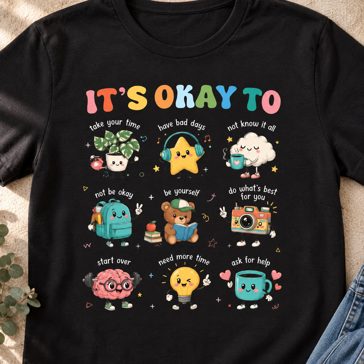 It’s Okay To Mental Health Awareness T-Shirt — close-up lifestyle flat lay