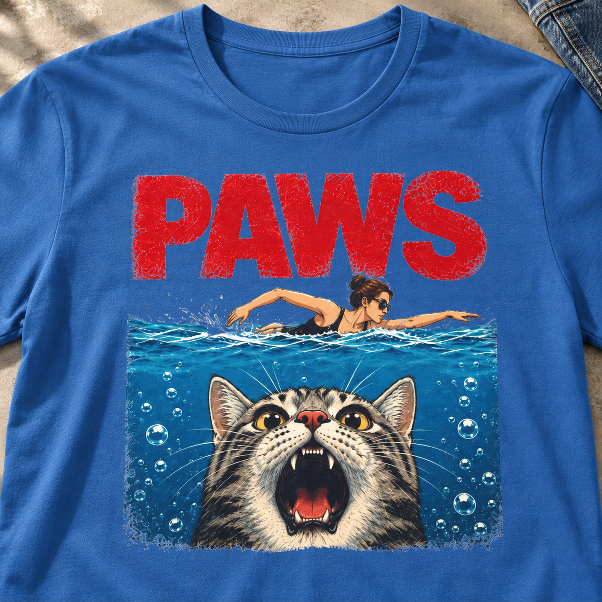 PAWS Horror Cat T-Shirt — close-up lifestyle flat lay