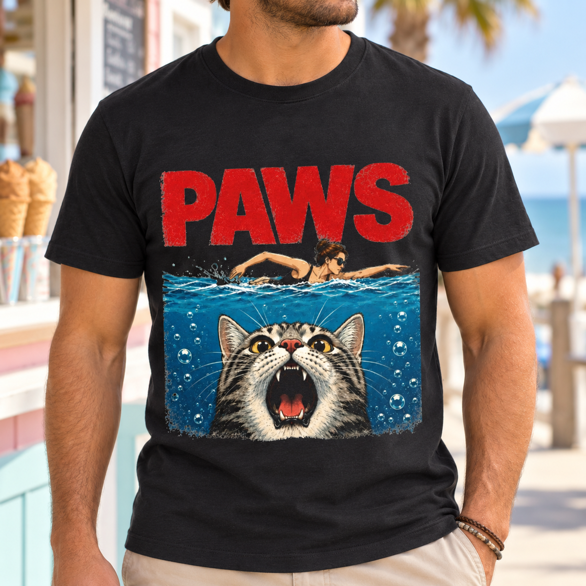 PAWS Horror Cat T-Shirt — close-up lifestyle mockup