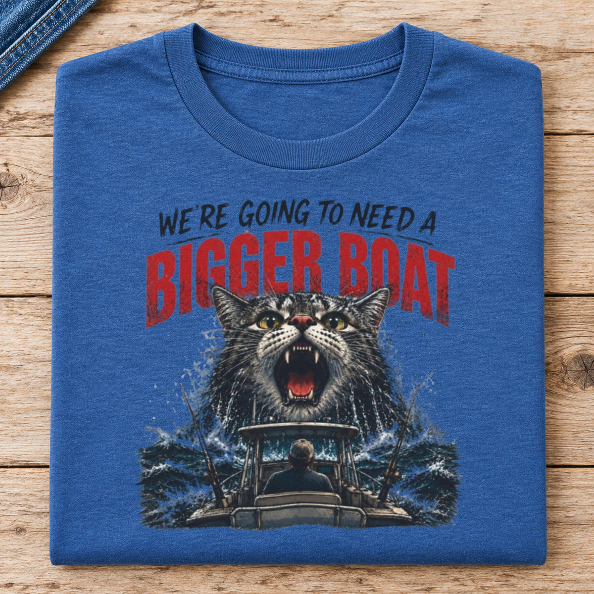 PAWS Bigger Boat Cat T-Shirt — folded shirt with original artwork