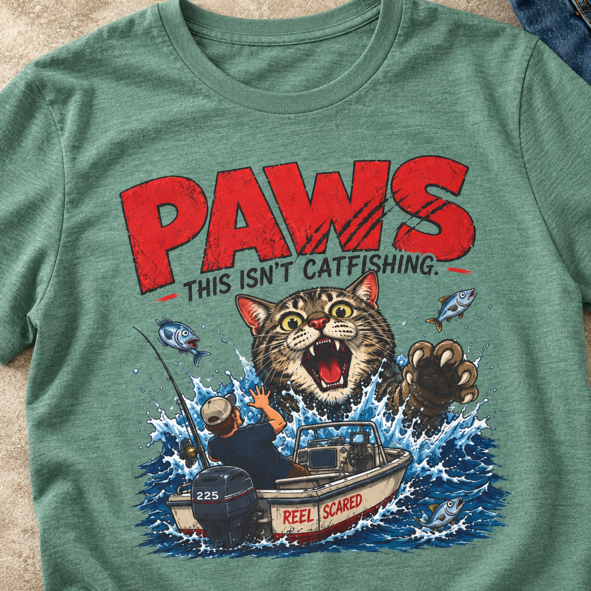 PAWS This Isn’t Catfishing T-Shirt — close-up lifestyle flat lay
