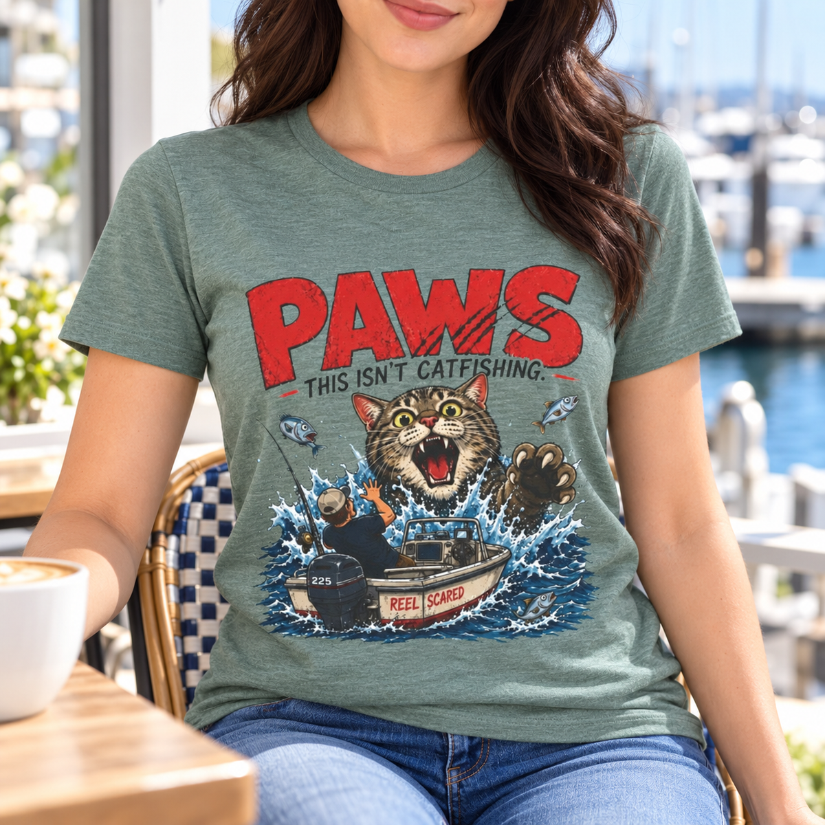 PAWS This Isn’t Catfishing T-Shirt — close-up lifestyle mockup