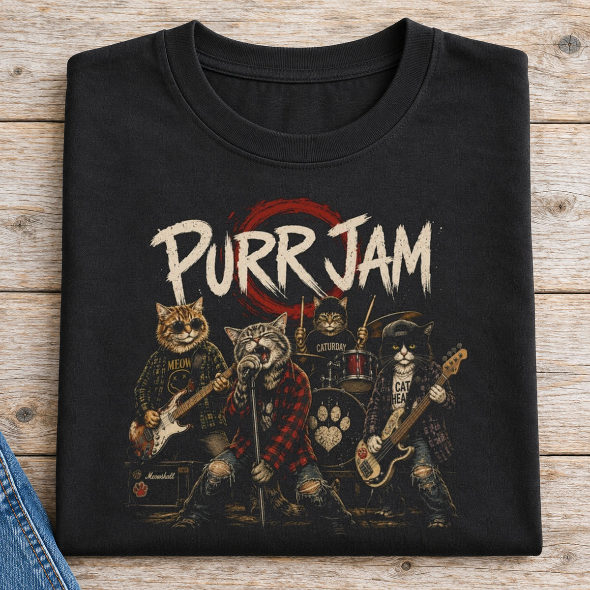 Purr Jam Cat Band T-Shirt — folded shirt with original artwork