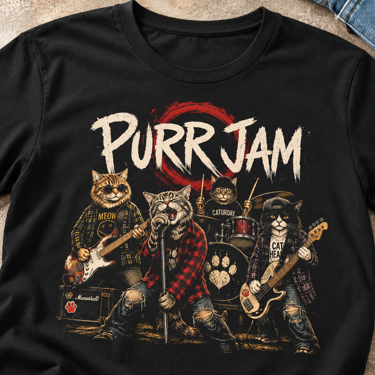 Purr Jam Cat Band T-Shirt — close-up lifestyle flat lay