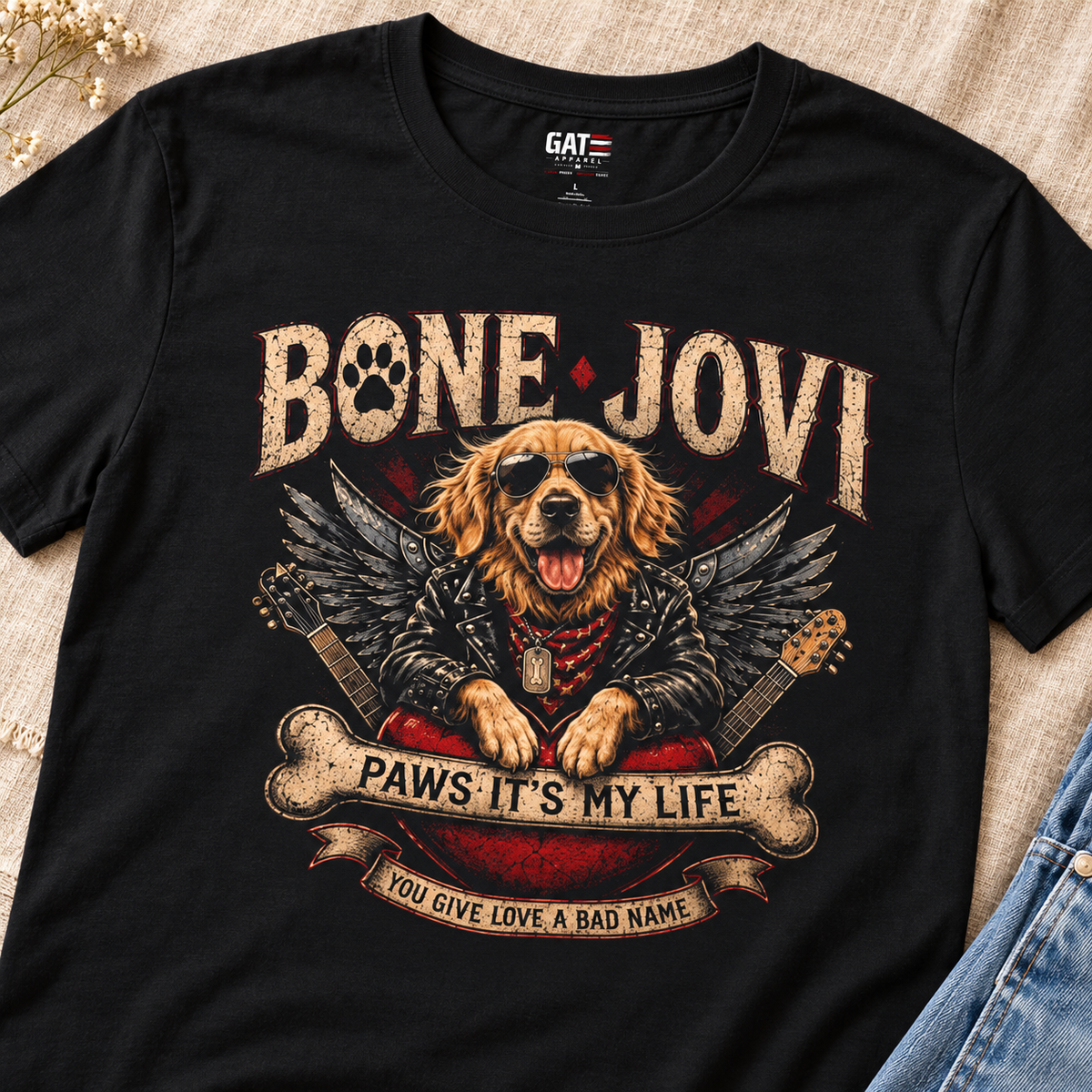 Bone Jovi Dog Band T-Shirt — close-up lifestyle flat lay