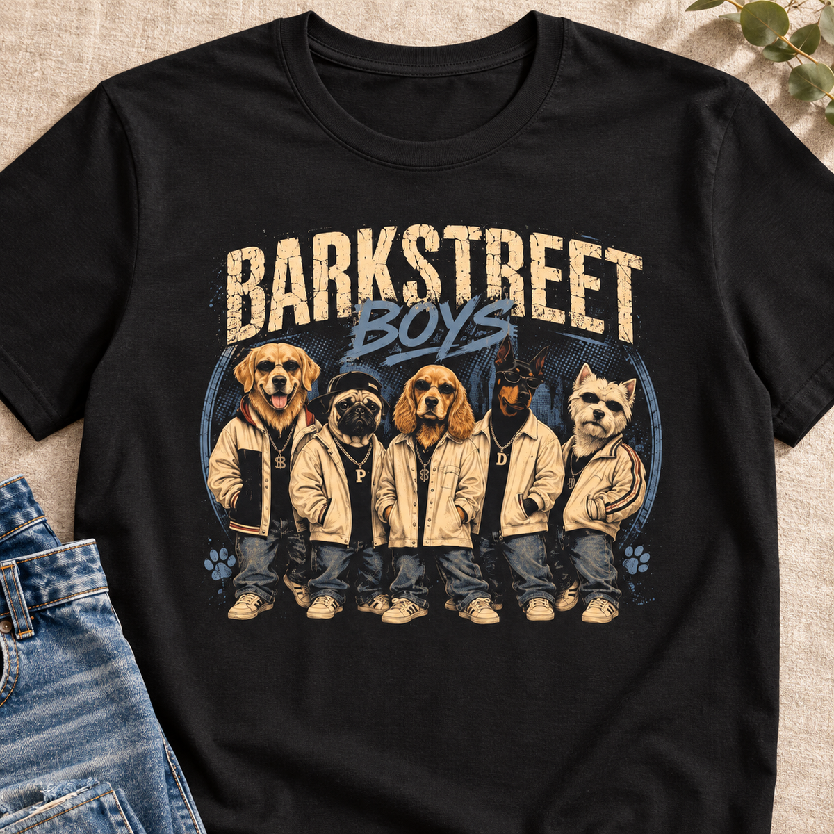 Barkstreet Boys Dog Band T-Shirt — close-up lifestyle flat lay