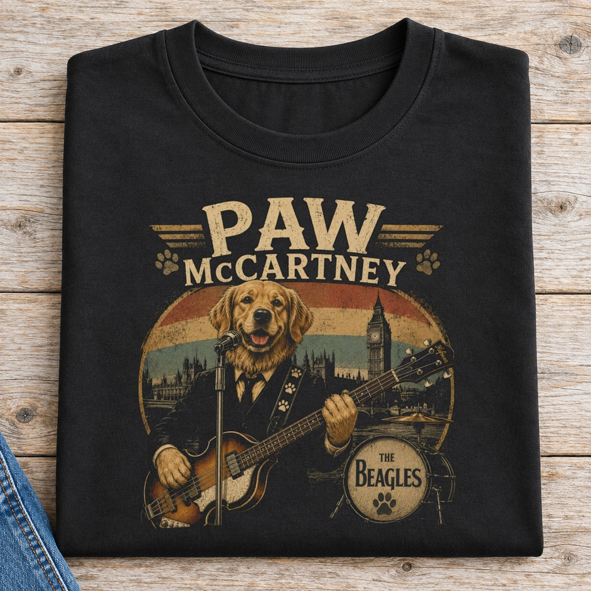 Paw McCartney Dog Band T-Shirt — folded shirt with original artwork