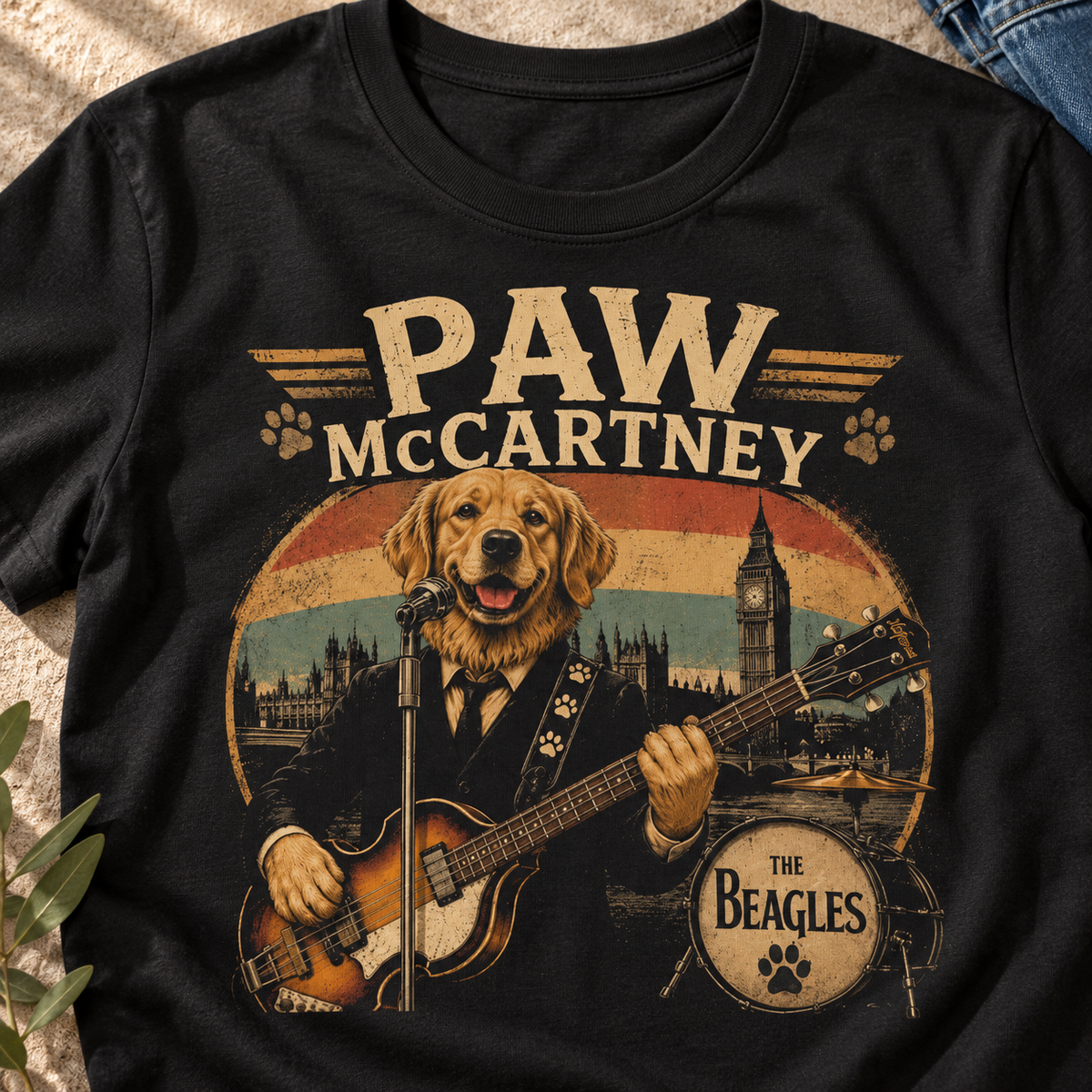 Paw McCartney Dog Band T-Shirt — close-up lifestyle flat lay