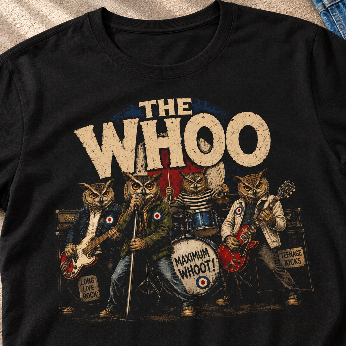 The Whoo Owl Band T-Shirt — close-up lifestyle flat lay