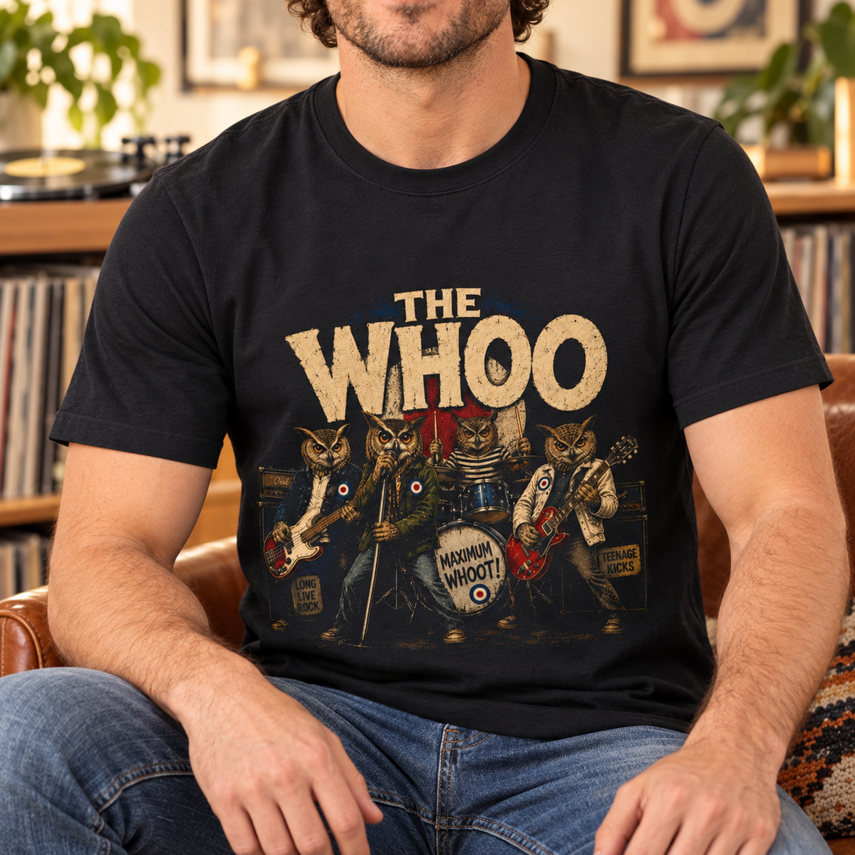 The Whoo Owl Band T-Shirt — close-up lifestyle mockup