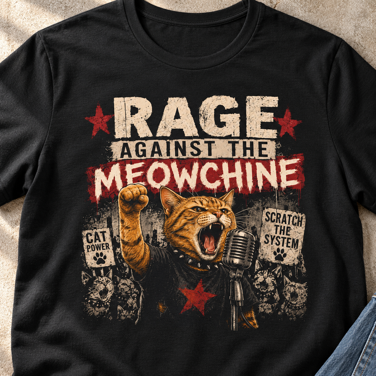 Rage Against the Meowchine Cat Band T-Shirt — close-up lifestyle flat lay