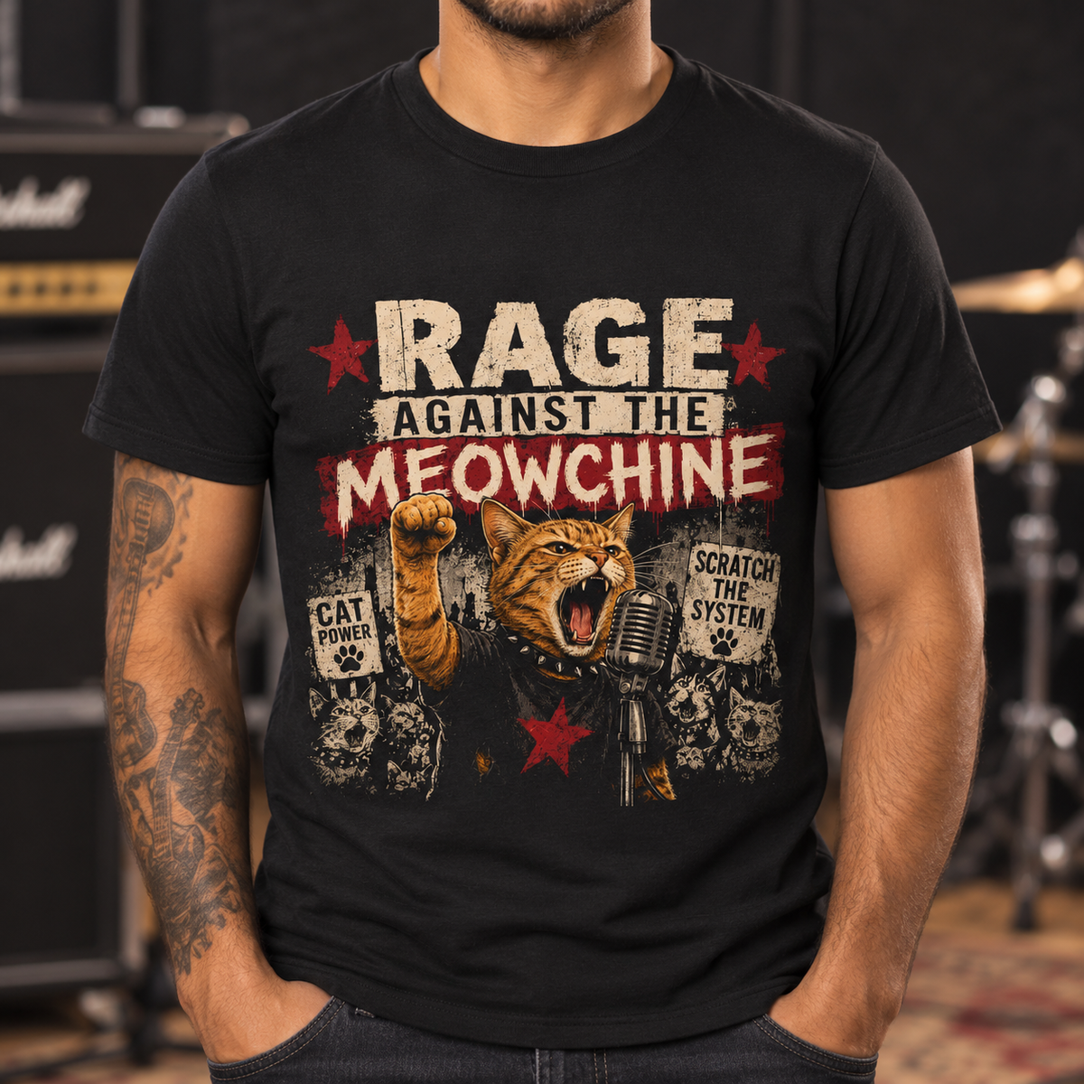 Rage Against the Meowchine Cat Band T-Shirt — close-up lifestyle mockup
