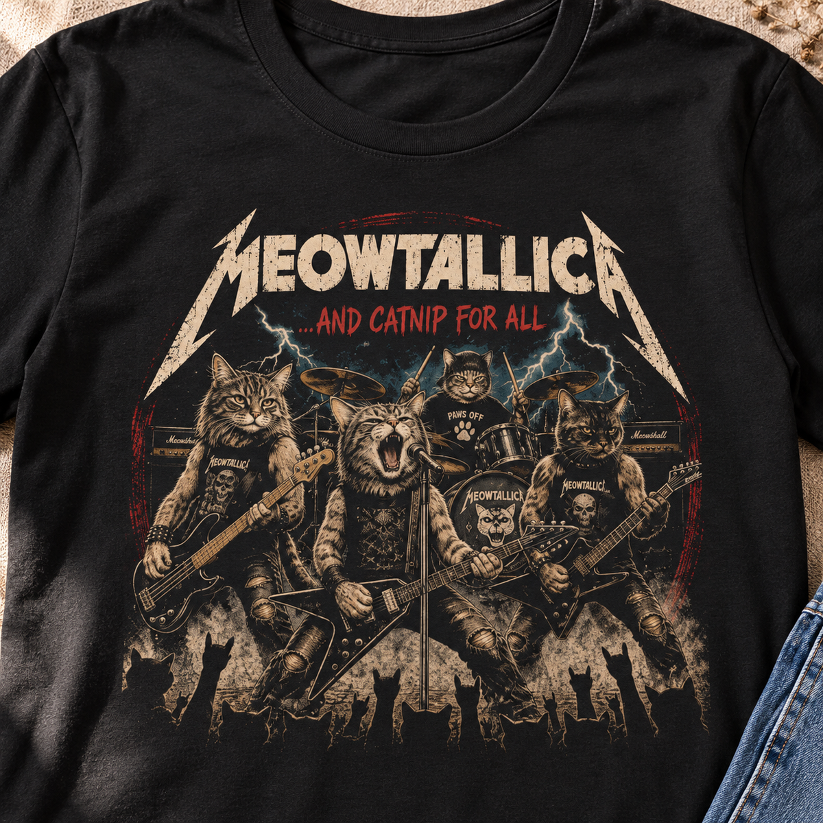 Meowtallica Cat Band T-Shirt — close-up lifestyle flat lay