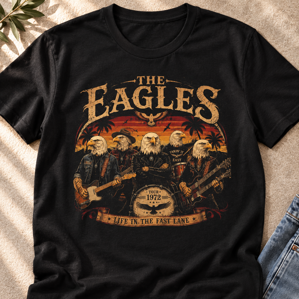 Eagles Vintage 1972 Concert T-Shirt — close-up lifestyle flat lay