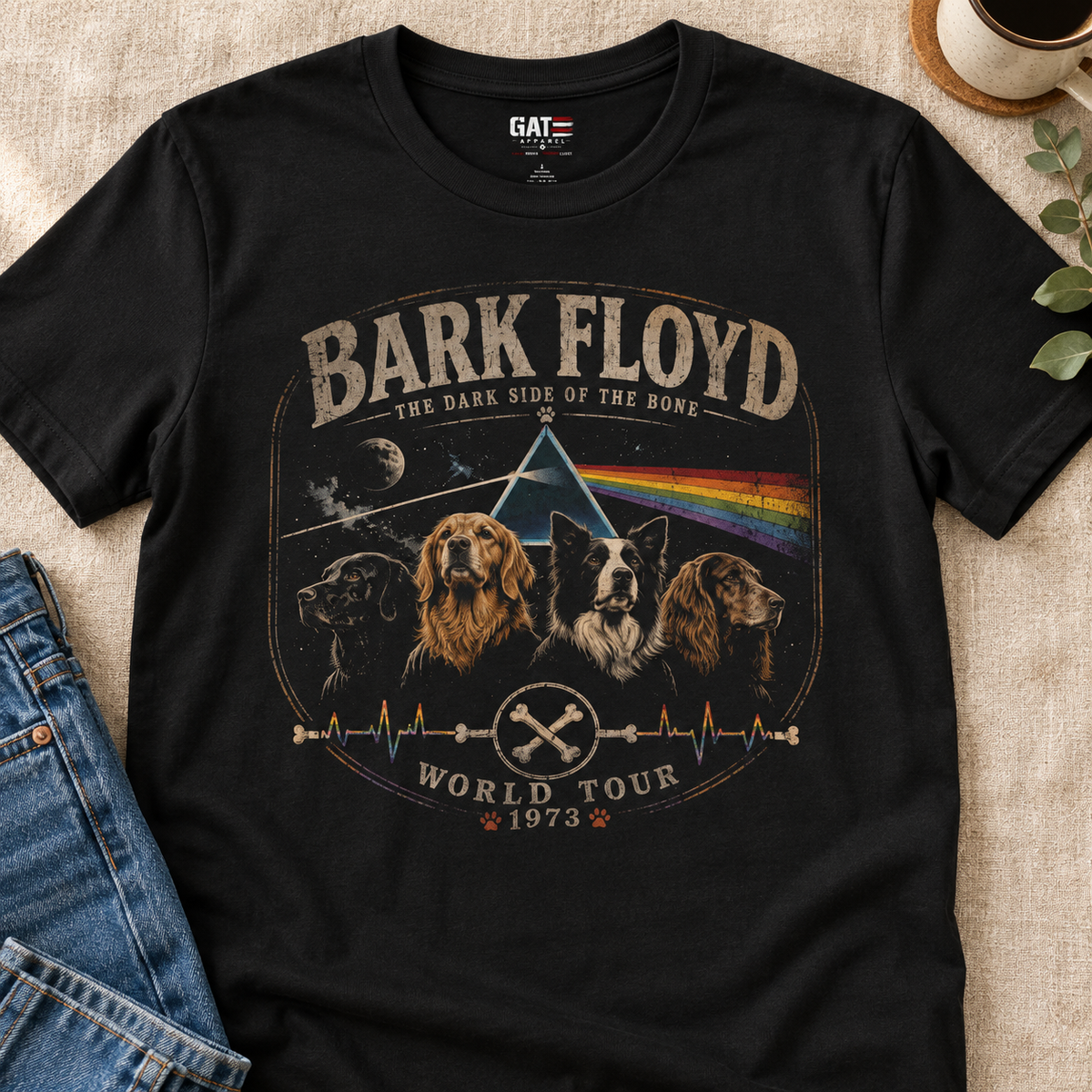 Bark Floyd Dark Side of the Bone T-Shirt — close-up lifestyle flat lay