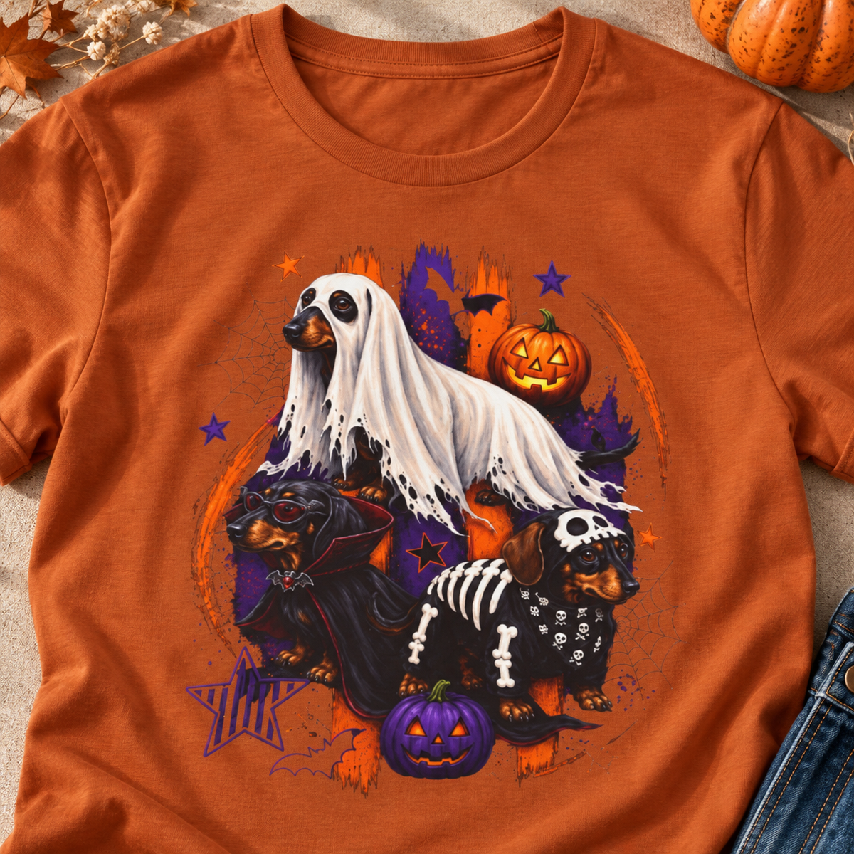 Halloween Ghost Dog Pumpkin Costume T-Shirt — close-up lifestyle flat lay