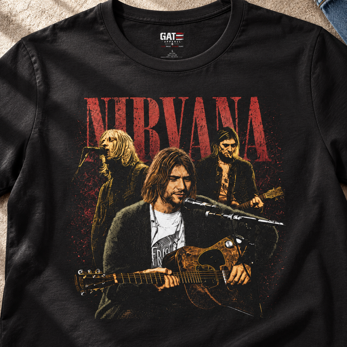 Nirvana Vintage Grunge T-Shirt — close-up lifestyle flat lay