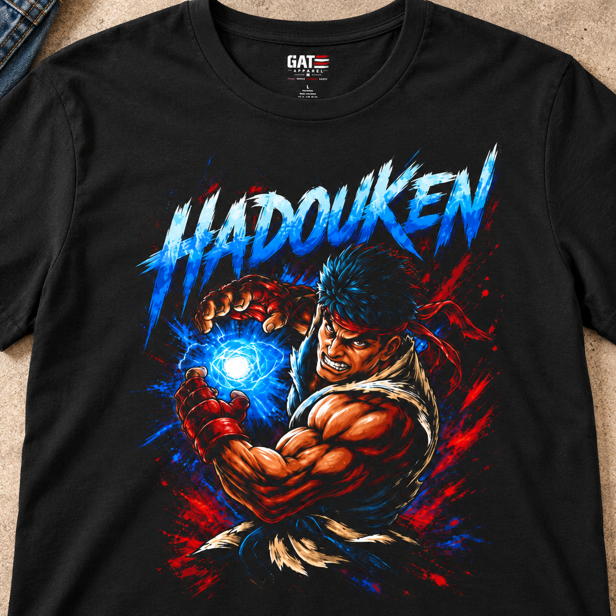 Hadouken Street Fighter Retro Gaming T-Shirt — close-up lifestyle flat lay