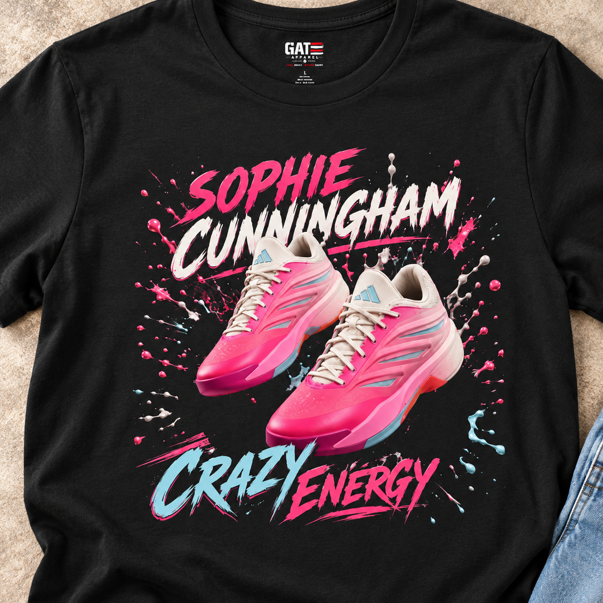 Indiana Fever – Sophie Cunningham – Crazy Energy Pink Sneaker T-Shirt — close-up lifestyle flat lay