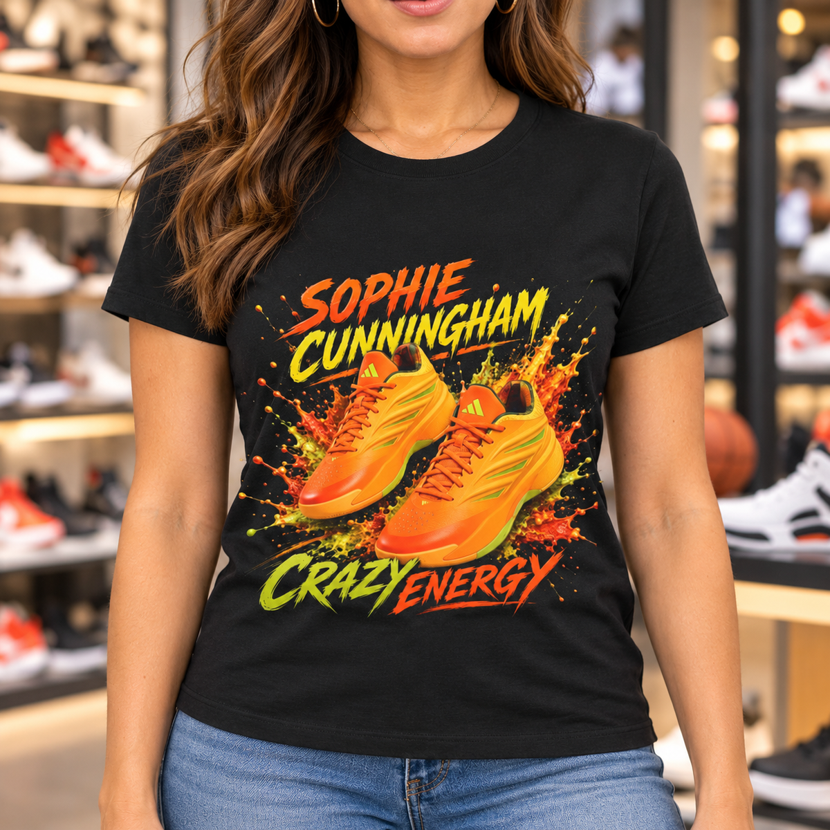 Indiana Fever – Sophie Cunningham – Crazy Energy Mango Sneaker T-Shirt — close-up lifestyle mockup