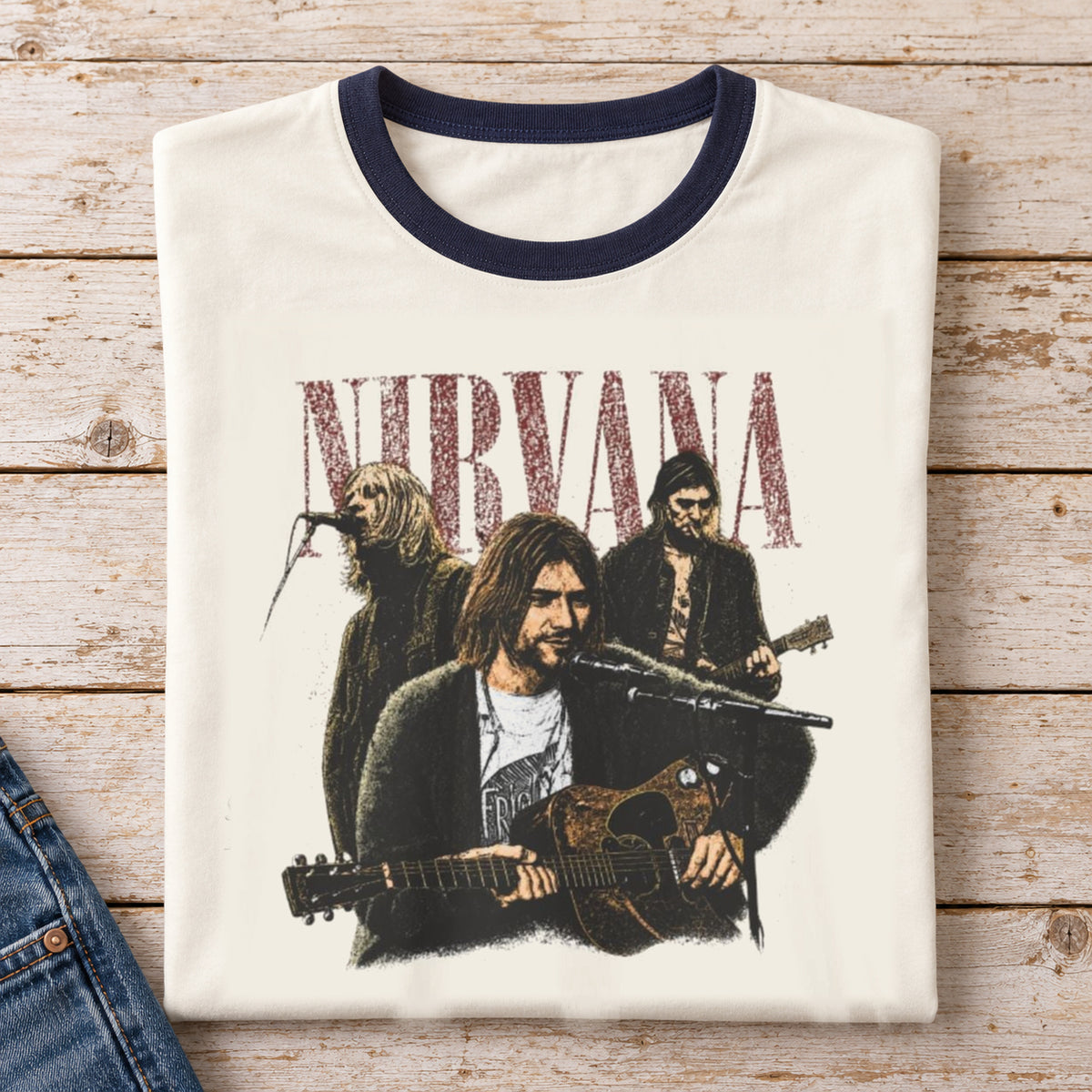 Nirvana Vintage Band Ringer Shirt — folded shirt with original artwork