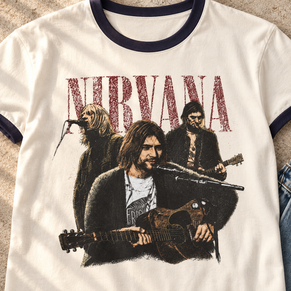 Nirvana Vintage Band Ringer Shirt — close-up lifestyle flat lay