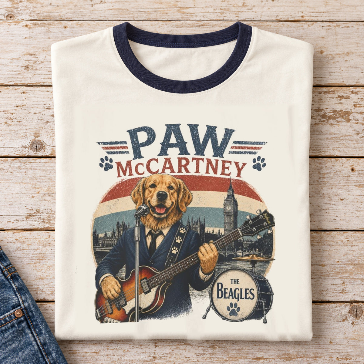 Paw McCartney Beagle Band Ringer Shirt — folded shirt with original artwork