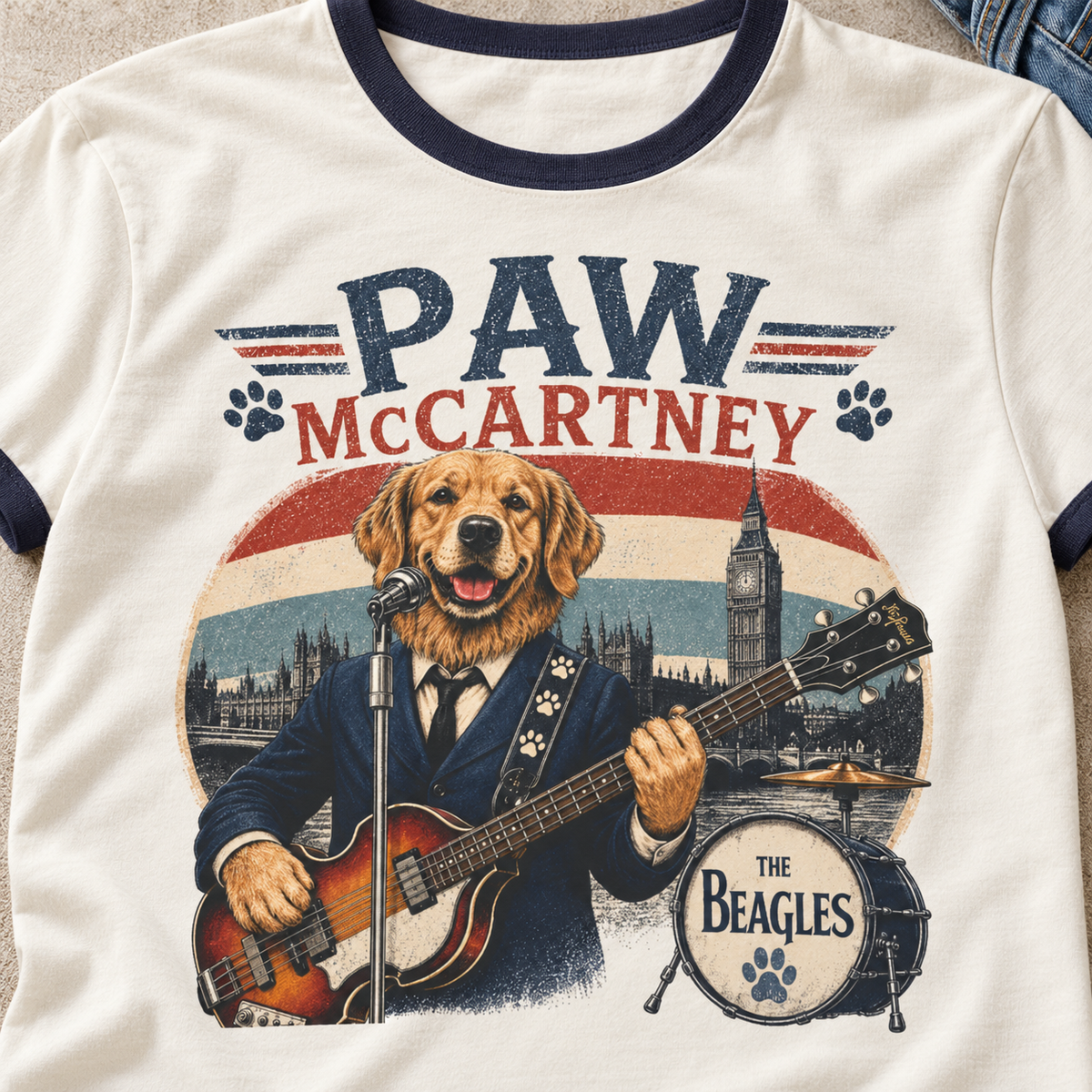 Paw McCartney Beagle Band Ringer Shirt — close-up lifestyle flat lay