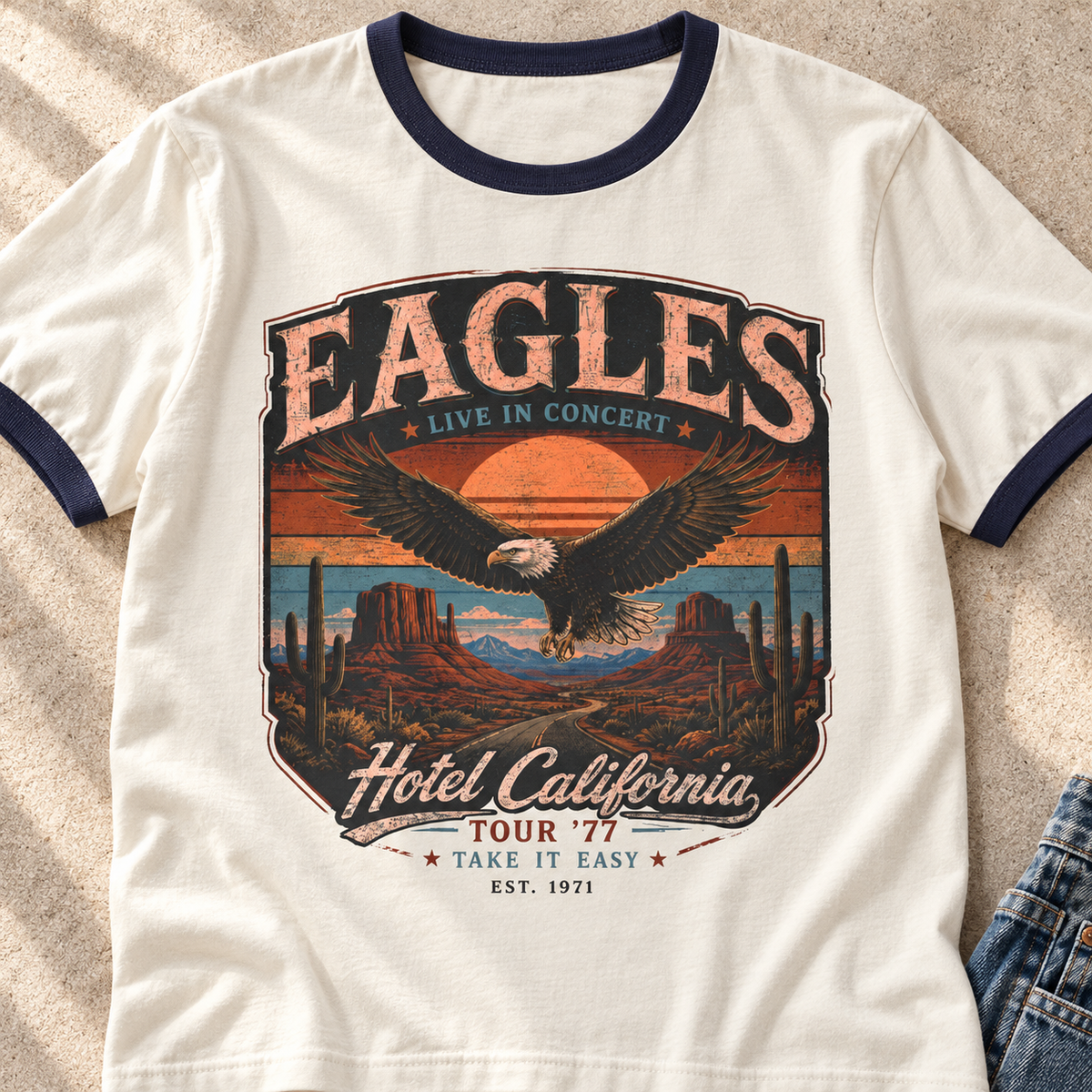 Eagles Hotel California Vintage Ringer T-Shirt — close-up lifestyle flat lay