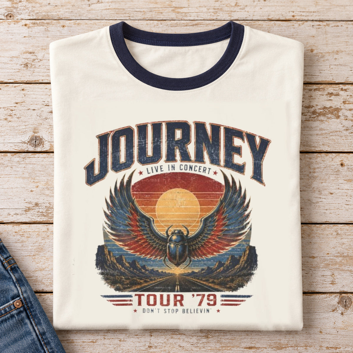 Journey Tour ’79 Vintage Ringer T-Shirt — folded shirt with original artwork