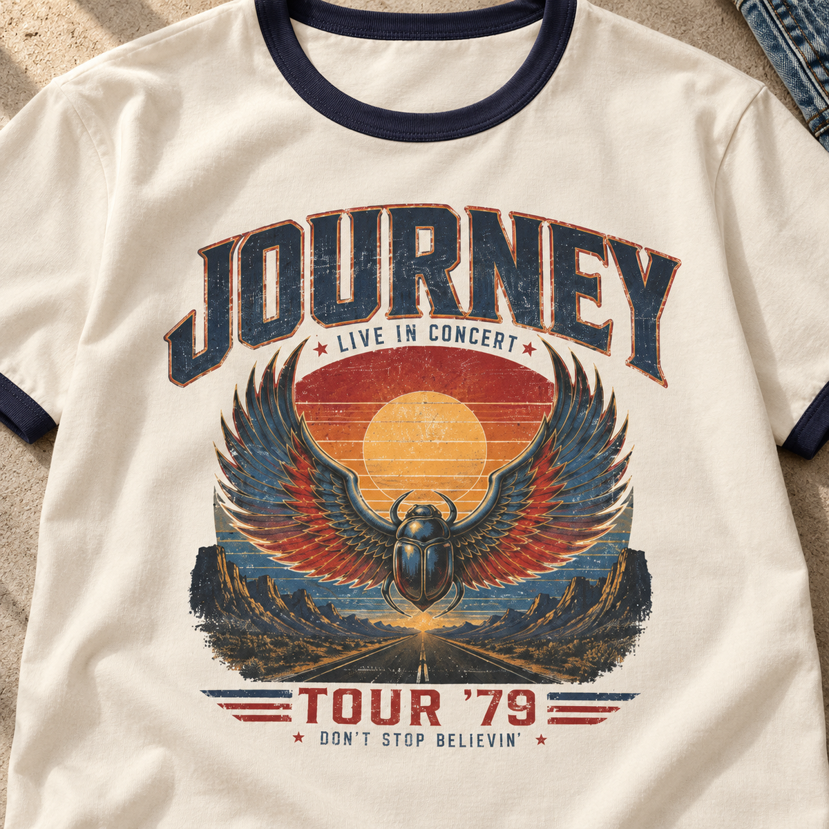 Journey Tour ’79 Vintage Ringer T-Shirt — close-up lifestyle flat lay