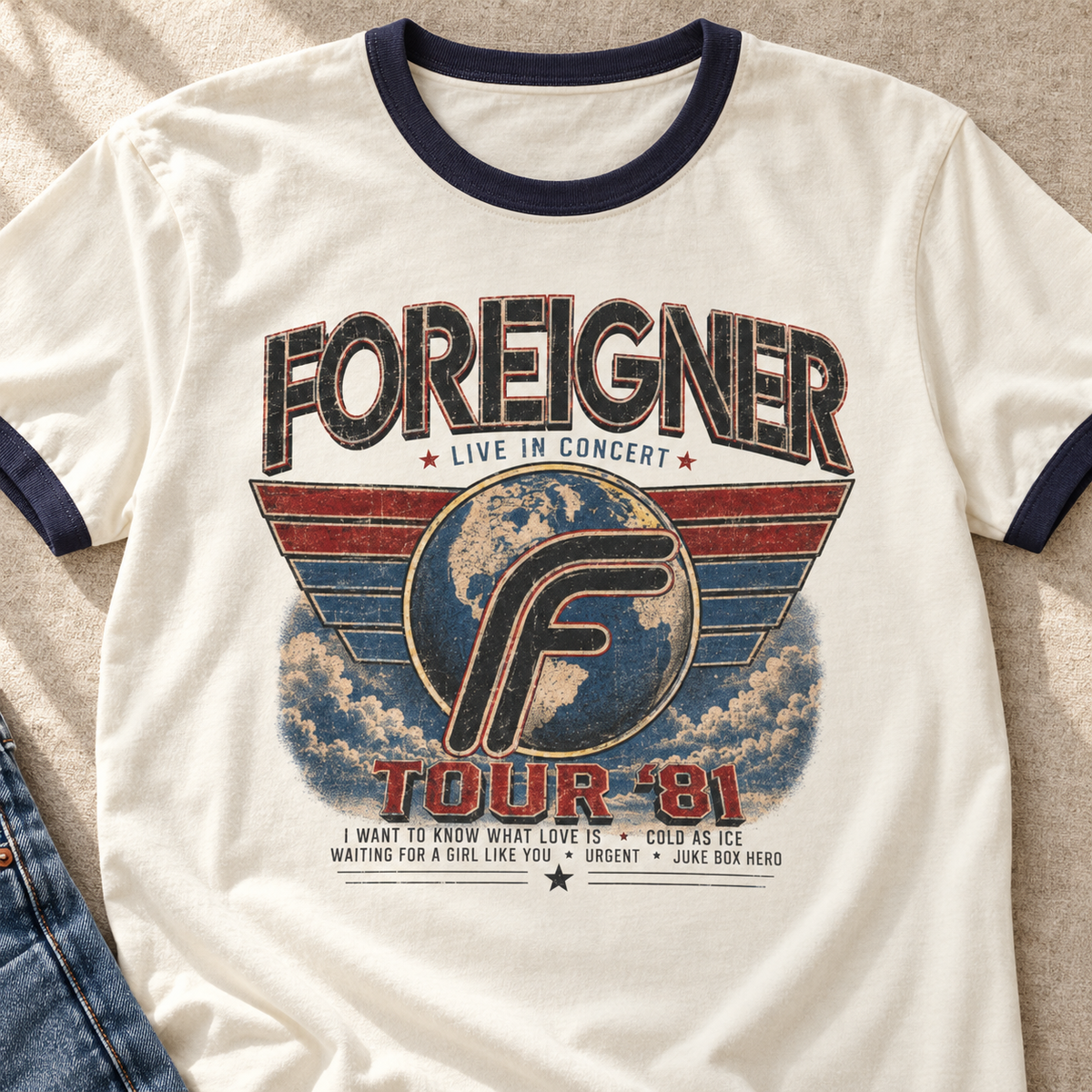Foreigner Tour ’84 Vintage Ringer T-Shirt — close-up lifestyle flat lay