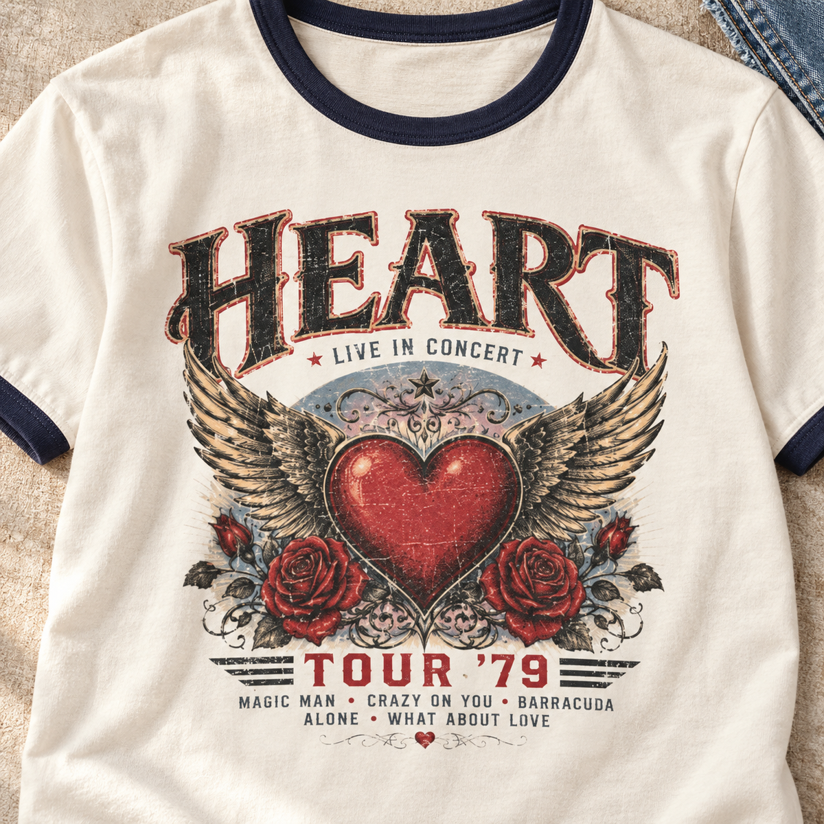 Heart Tour ’79 Vintage Ringer T-Shirt — close-up lifestyle flat lay