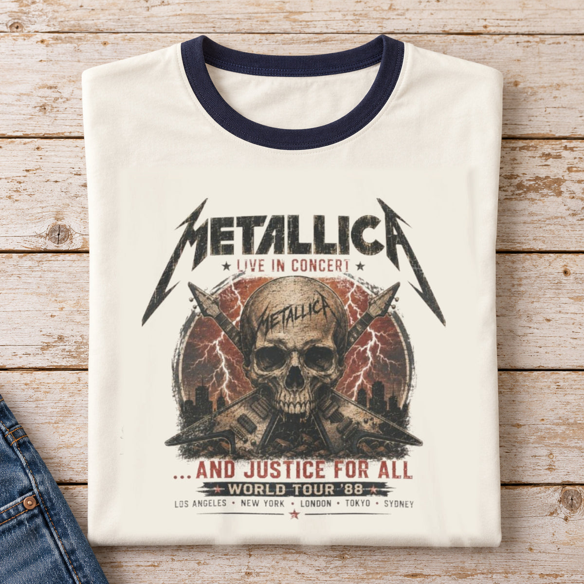 Metallica And Justice for All Ringer T-Shirt — folded shirt with original artwork