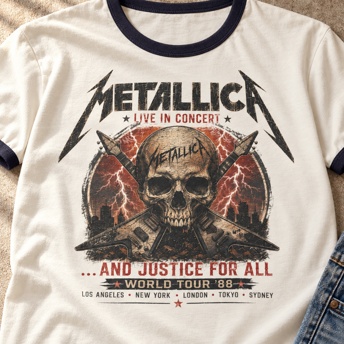 Metallica And Justice for All Ringer T-Shirt — close-up lifestyle flat lay