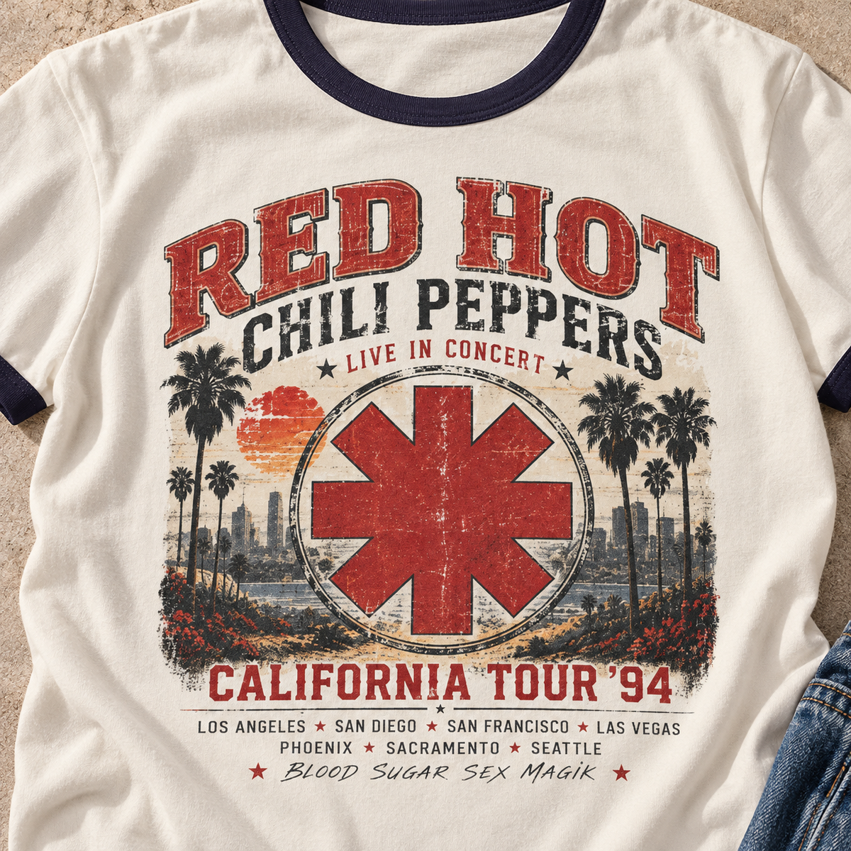 Red Hot Chili Peppers California Tour ’94 Ringer T-Shirt — close-up lifestyle flat lay