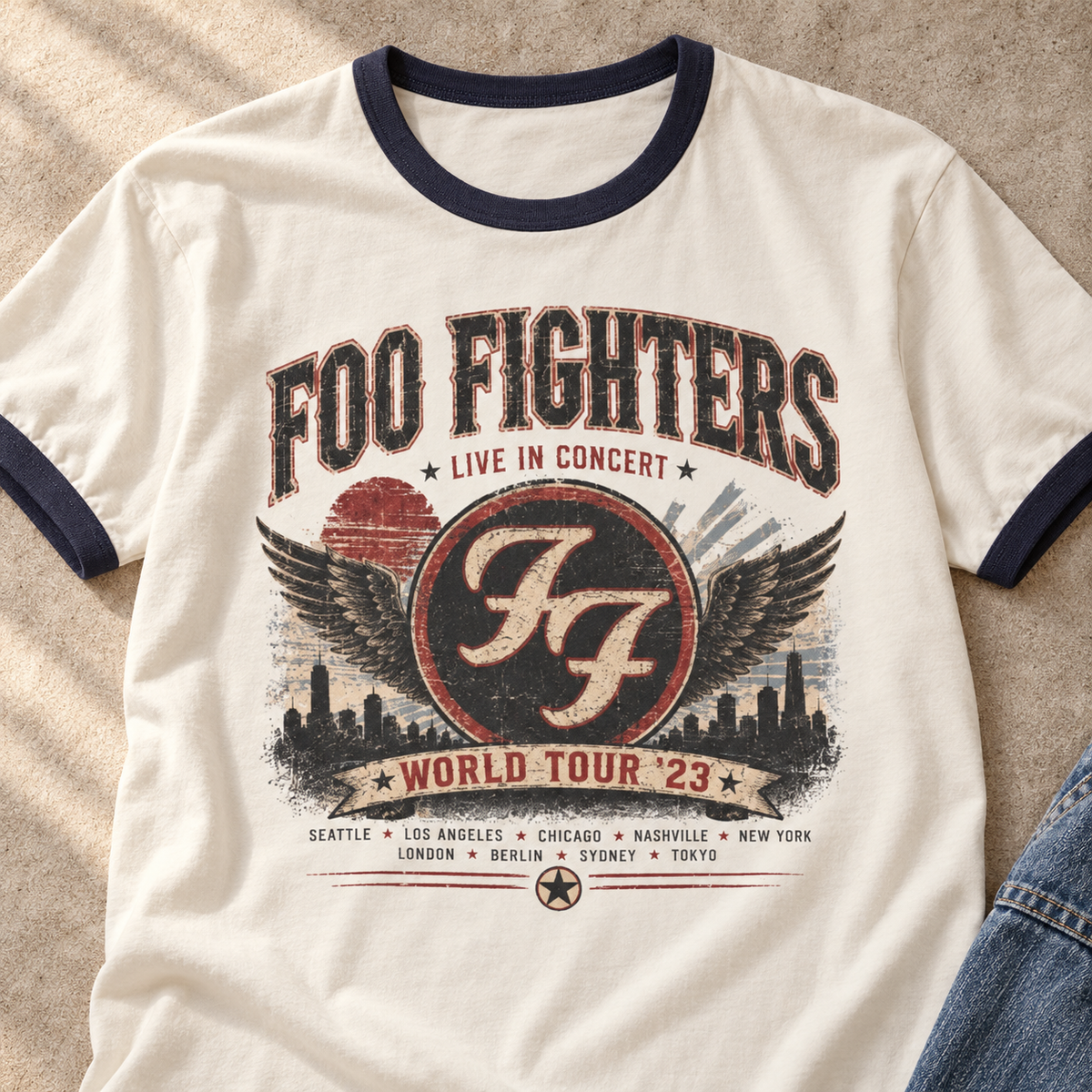 Foo Fighters World Tour ’23 Ringer T-Shirt — close-up lifestyle flat lay