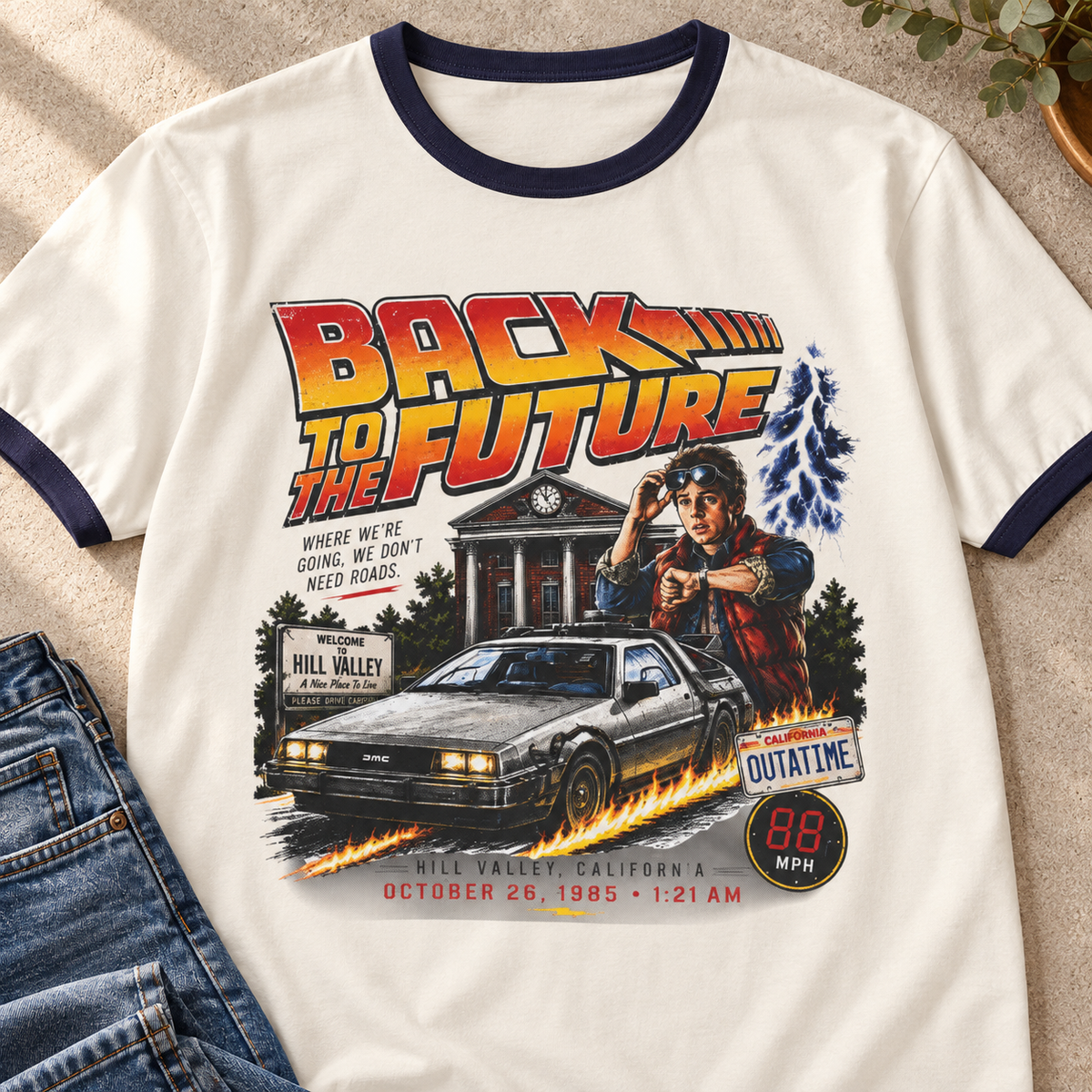 Back to the Future Retro ’80s Ringer T-Shirt — close-up lifestyle flat lay