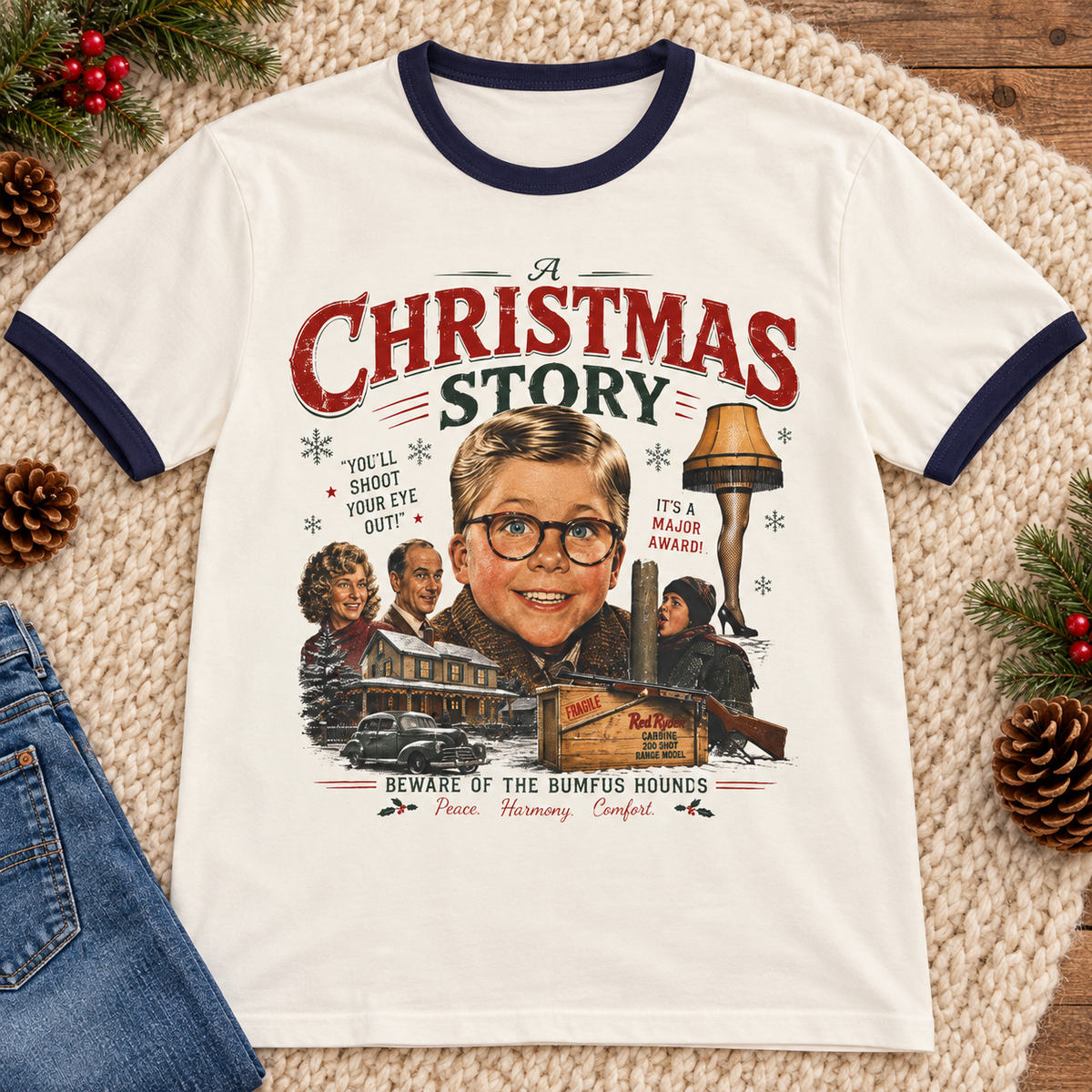 A Christmas Story Retro Ringer T-Shirt — close-up lifestyle flat lay