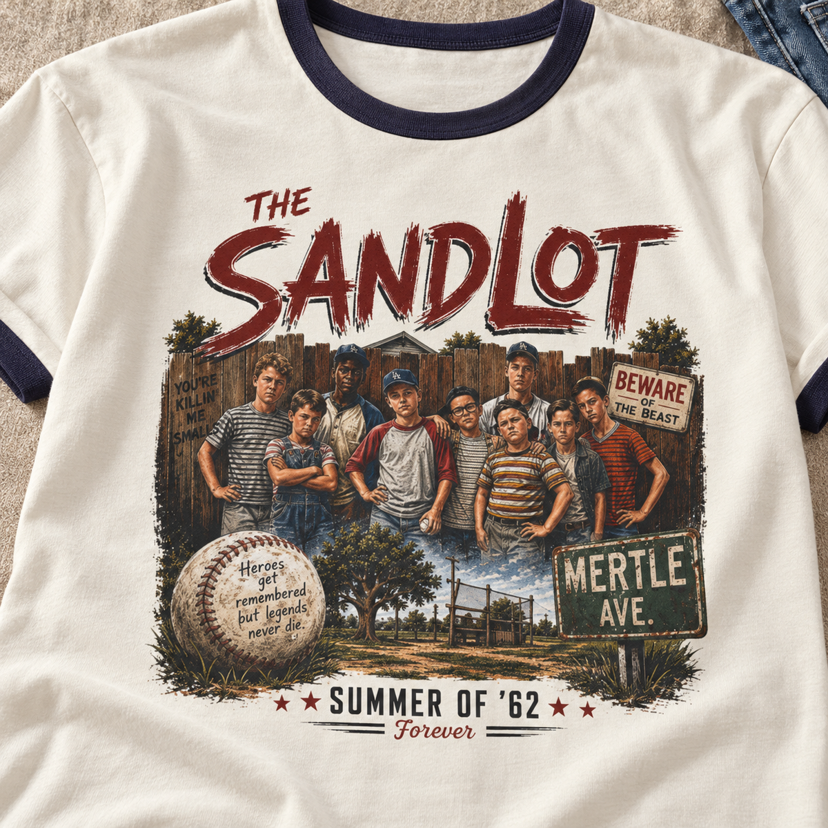 The Sandlot Summer of ’62 Ringer T-Shirt — close-up lifestyle flat lay