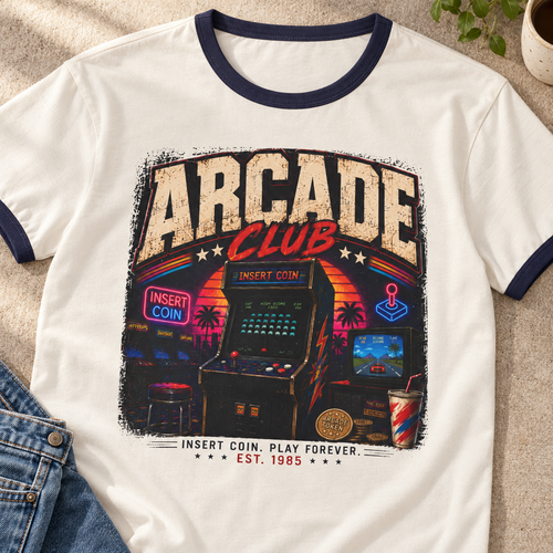 Arcade Club Retro Gaming Ringer T-Shirt — close-up lifestyle flat lay