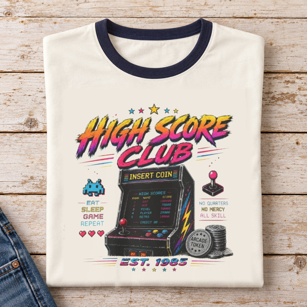 High Score Club Vintage Arcade Ringer T-Shirt — folded shirt with original artwork